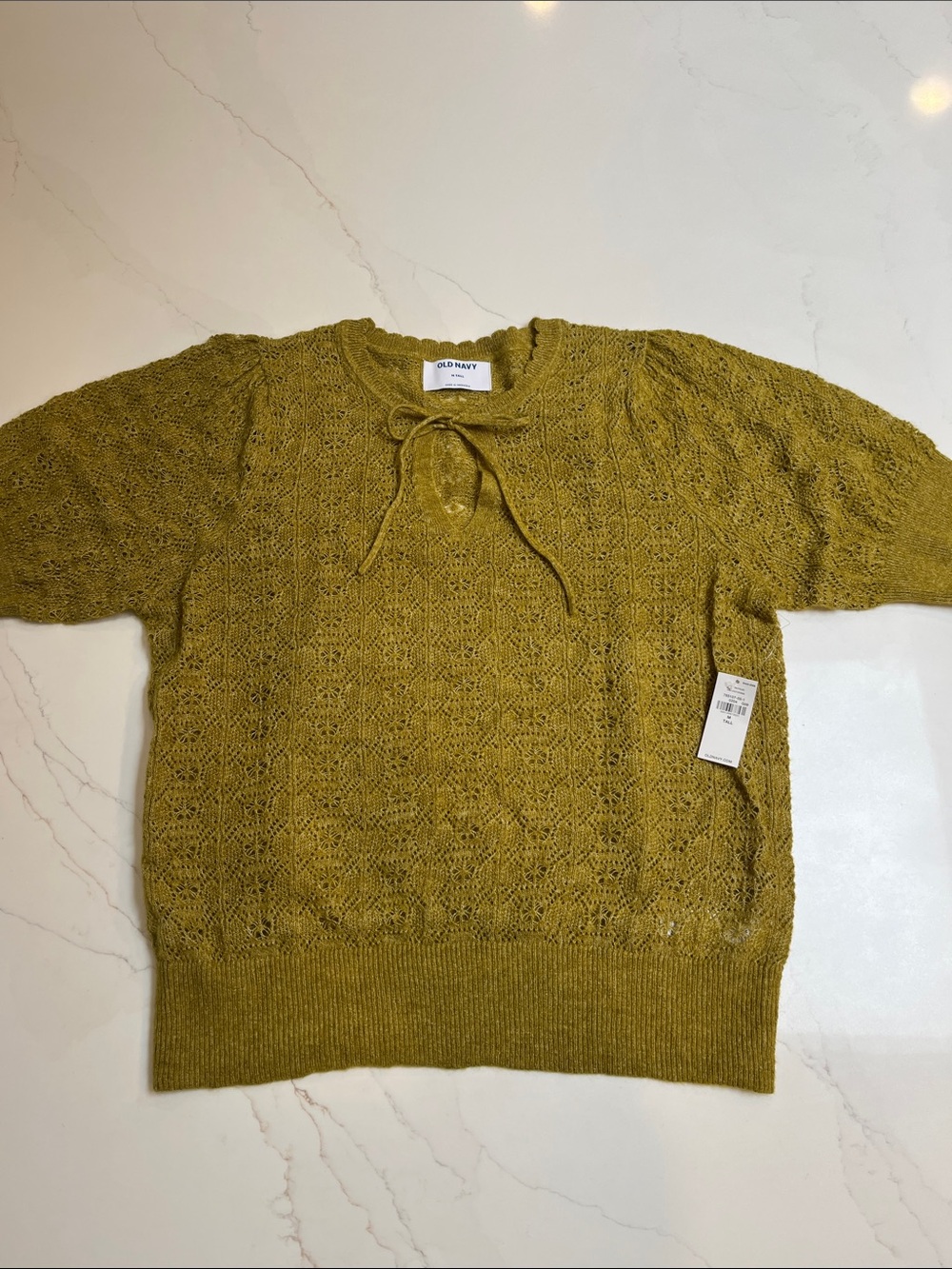 Old Navy Lace Knit Short-Sleeve Sweater in Mustard Yellow
